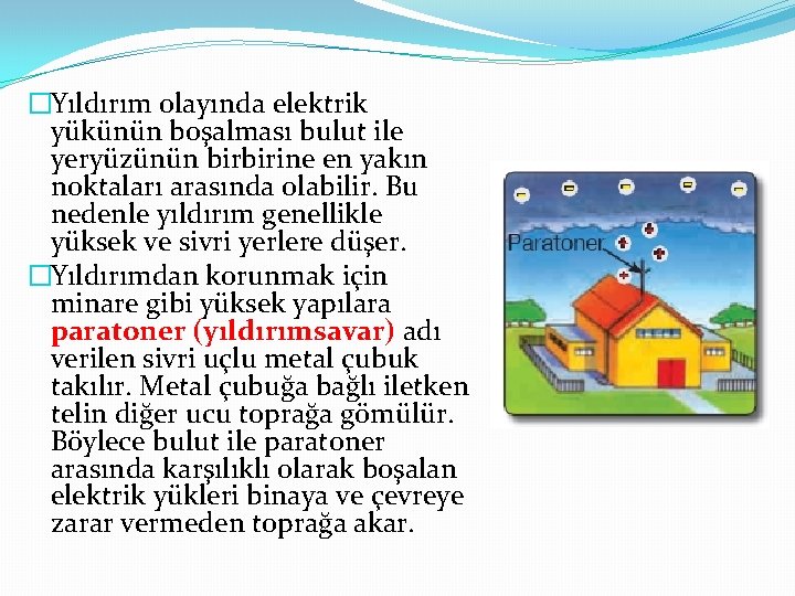 �Yıldırım olayında elektrik yükünün boşalması bulut ile yeryüzünün birbirine en yakın noktaları arasında olabilir. �Yıldırım olayında elektrik yükünün boşalması bulut ile yeryüzünün birbirine en yakın noktaları arasında olabilir.
