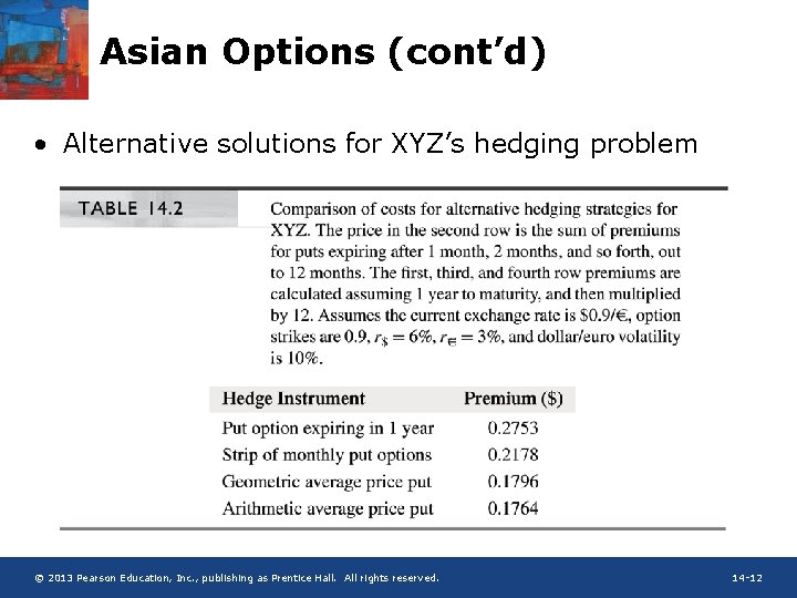 Asian Options (cont’d) • Alternative solutions for XYZ’s hedging problem © 2013 Pearson Education,