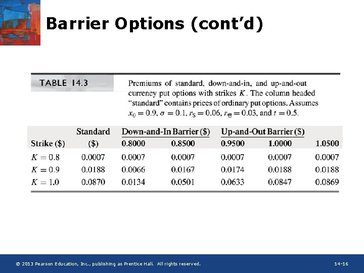 Barrier Options (cont’d) © 2013 Pearson Education, Inc. , publishing as Prentice Hall. All