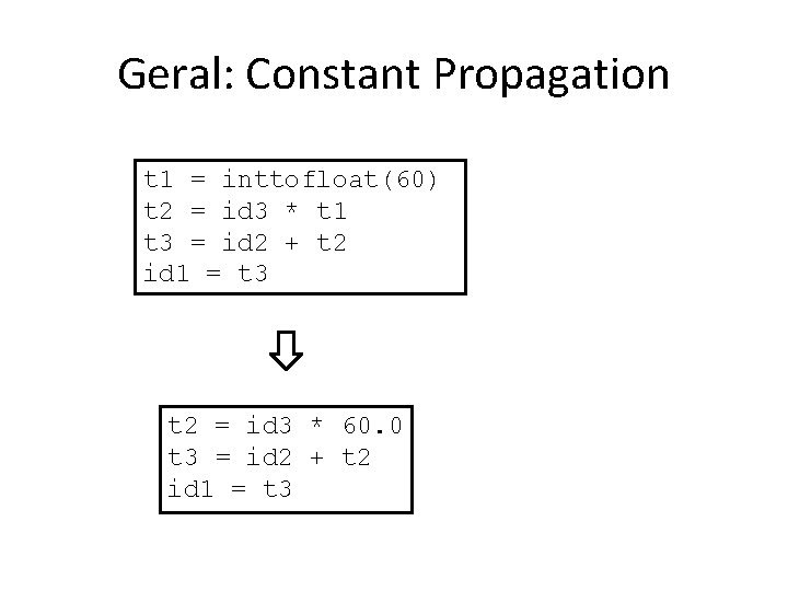 Geral: Constant Propagation t 1 = inttofloat(60) t 2 = id 3 * t