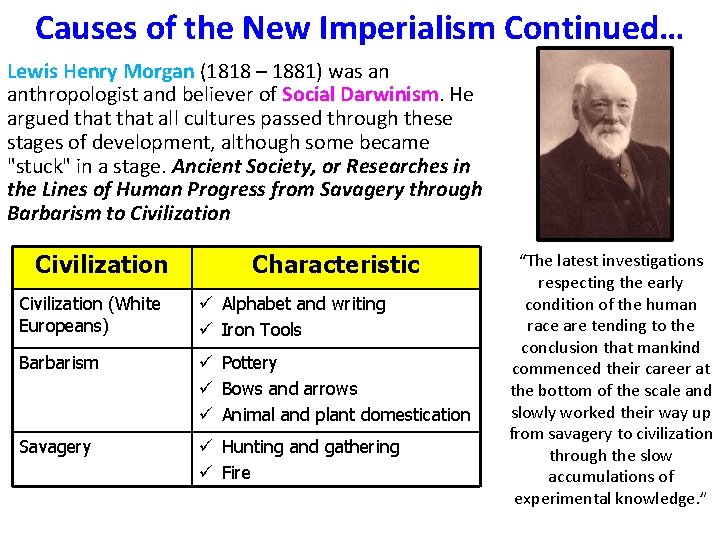 Causes of the New Imperialism Continued… Lewis Henry Morgan (1818 – 1881) was an