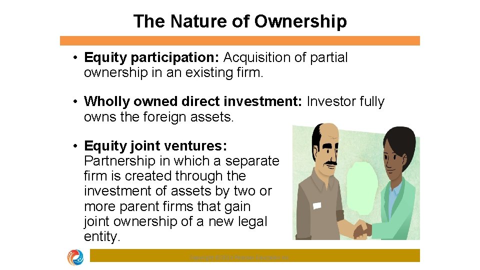 The Nature of Ownership • Equity participation: Acquisition of partial ownership in an existing