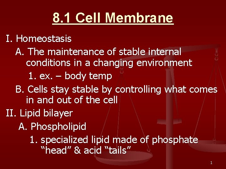 8. 1 Cell Membrane I. Homeostasis A. The maintenance of stable internal conditions in