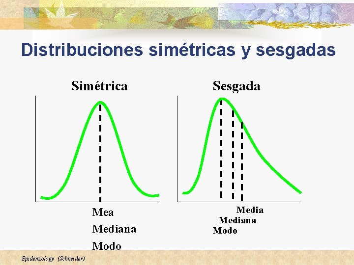 Distribuciones simétricas y sesgadas Simétrica Mediana Modo Epidemiology (Schneider) Sesgada Mediana Modo 