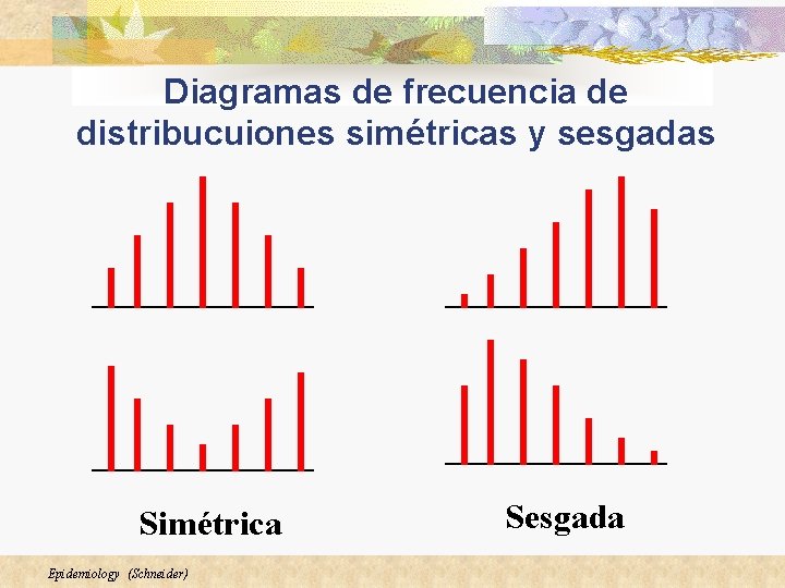 Diagramas de frecuencia de distribucuiones simétricas y sesgadas Simétrica Epidemiology (Schneider) Sesgada 