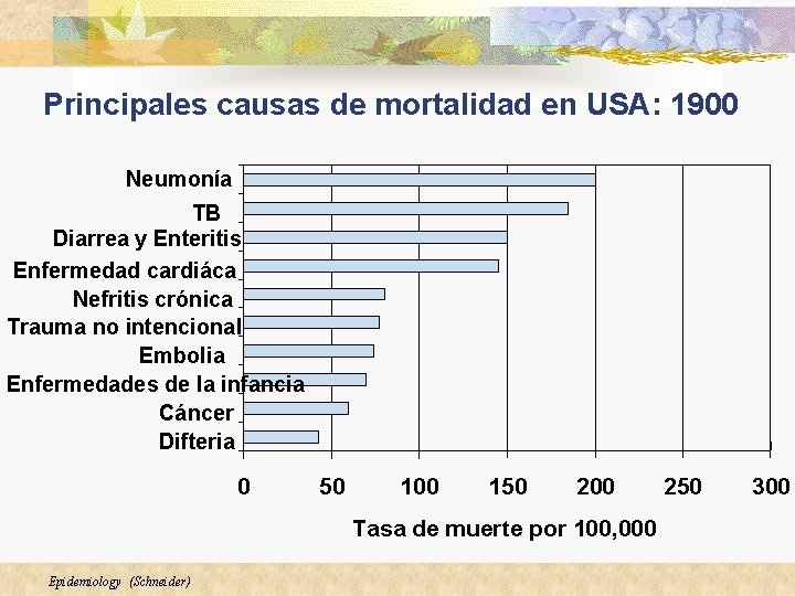 Principales causas de mortalidad en USA: 1900 Neumonía TB Diarrea y Enteritis Enfermedad cardiáca