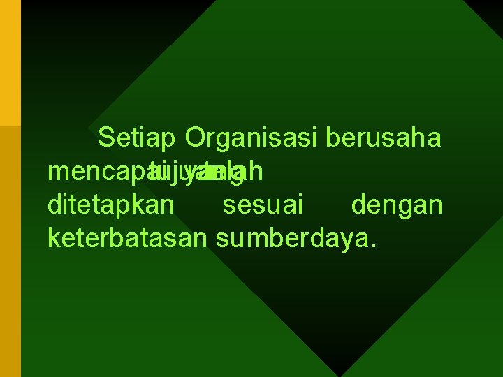 Setiap Organisasi berusaha mencapai tujuan yang telah ditetapkan sesuai dengan keterbatasan sumberdaya. 