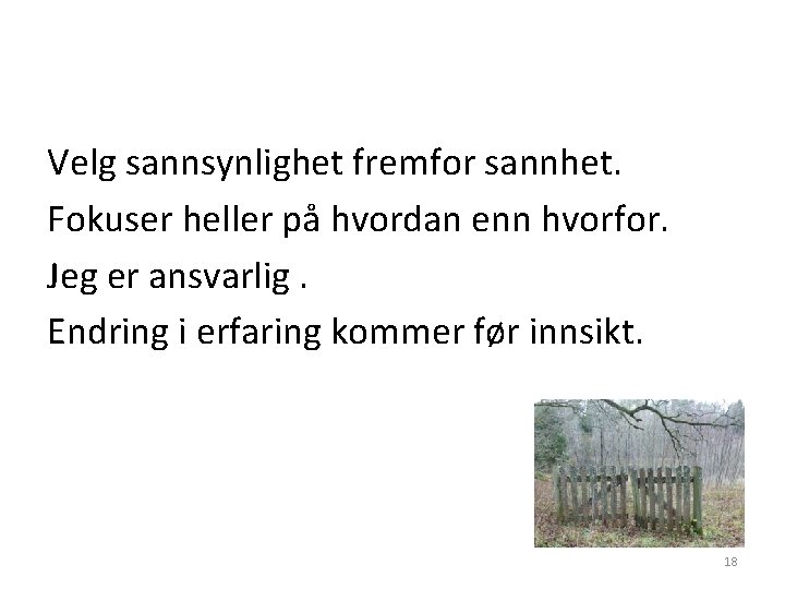 Velg sannsynlighet fremfor sannhet. Fokuser heller på hvordan enn hvorfor. Jeg er ansvarlig. Endring