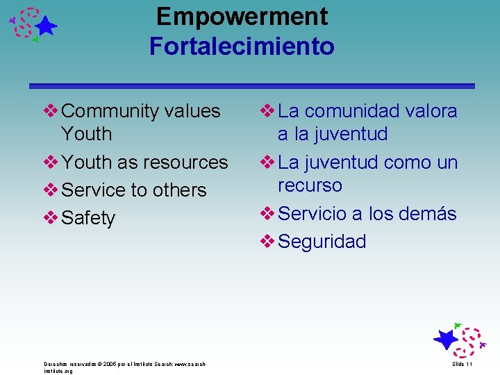 Empowerment Fortalecimiento v Community values Youth v Youth as resources v Service to others