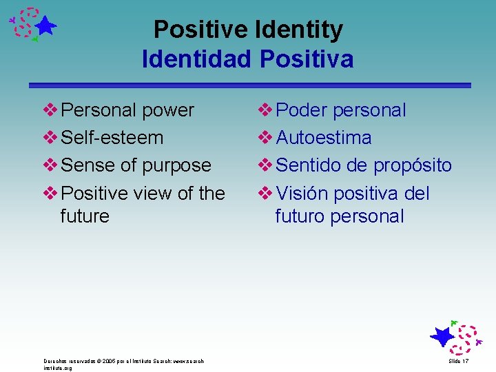 Positive Identity Identidad Positiva v Personal power v Self-esteem v Sense of purpose v