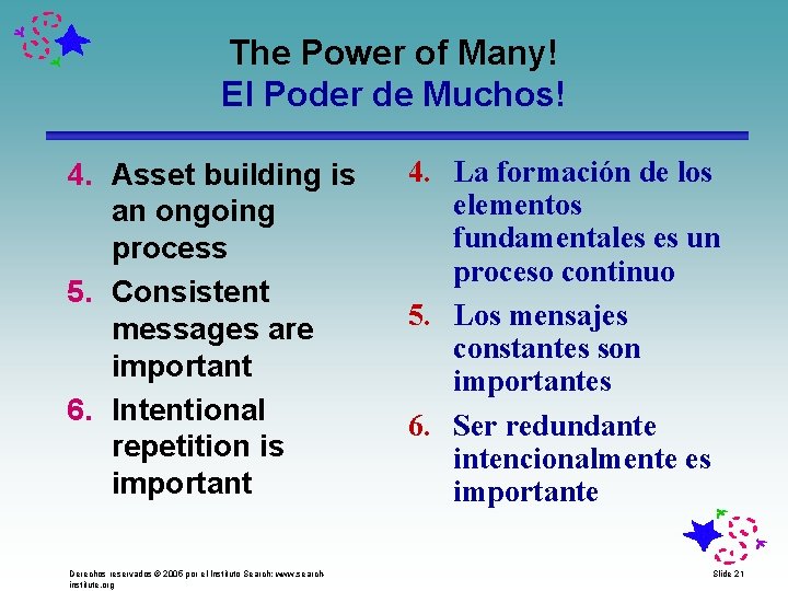 The Power of Many! El Poder de Muchos! 4. Asset building is an ongoing