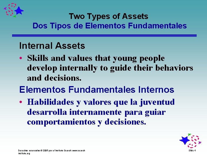 Two Types of Assets Dos Tipos de Elementos Fundamentales Internal Assets • Skills and