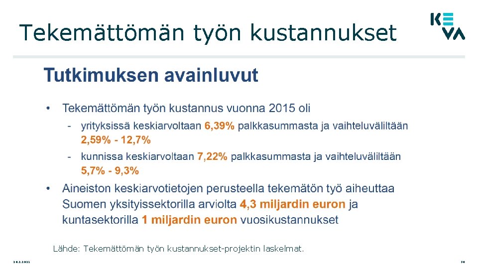 Tekemättömän työn kustannukset Lähde: Tekemättömän työn kustannukset-projektin laskelmat. 24. 2. 2021 34 