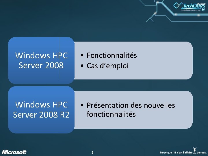 Windows HPC Server 2008 • Fonctionnalités • Cas d’emploi Windows HPC Server 2008 R Windows HPC Server 2008 • Fonctionnalités • Cas d’emploi Windows HPC Server 2008 R