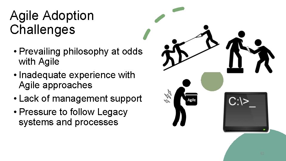 Agile Adoption Challenges • Prevailing philosophy at odds with Agile • Inadequate experience with