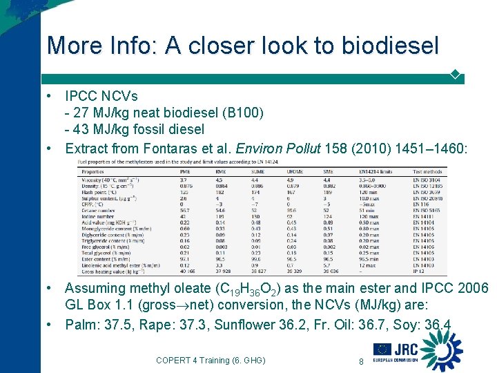More Info: A closer look to biodiesel • IPCC NCVs - 27 MJ/kg neat More Info: A closer look to biodiesel • IPCC NCVs - 27 MJ/kg neat