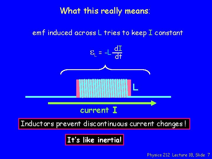 What this really means: emf induced across L tries to keep I constant e.