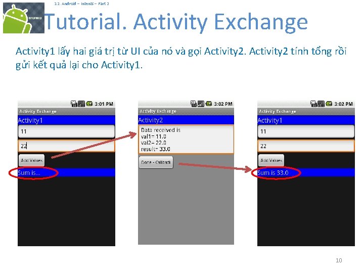  12. Android – Intents – Part 2 Tutorial. Activity Exchange Activity 1 lấy