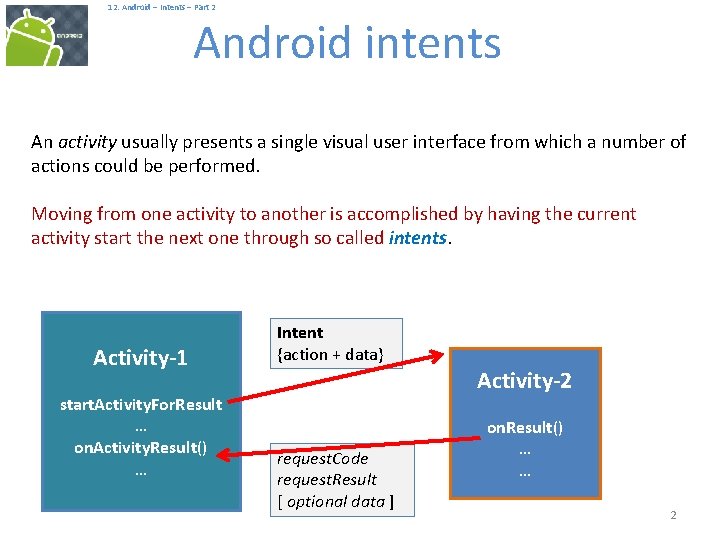  12. Android – Intents – Part 2 Android intents An activity usually presents