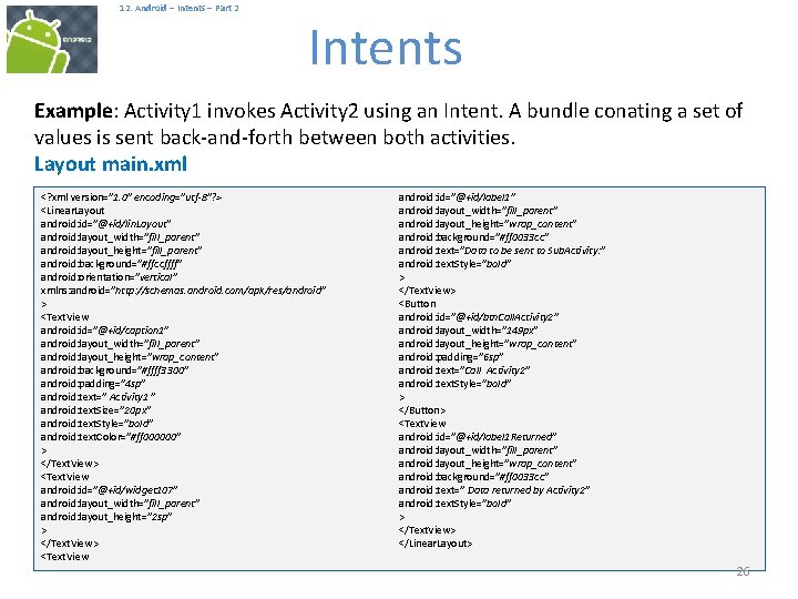  12. Android – Intents – Part 2 Intents Example: Activity 1 invokes Activity