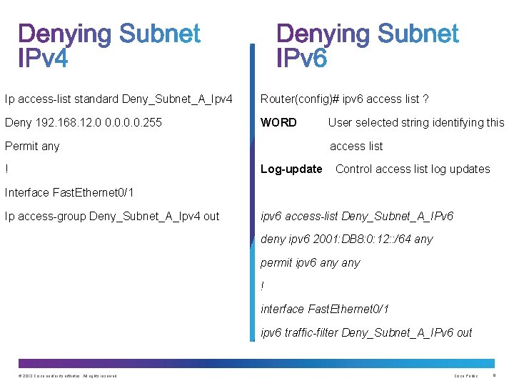 Ip access-list standard Deny_Subnet_A_Ipv 4 Router(config)# ipv 6 access list ? Deny 192. 168.