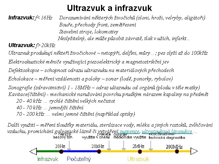 Ultrazvuk a infrazvuk Infrazvuk: f<16 Hz Dorozumívání některých živočichů (sloni, hroši, velryby, aligátoři) Bouře,