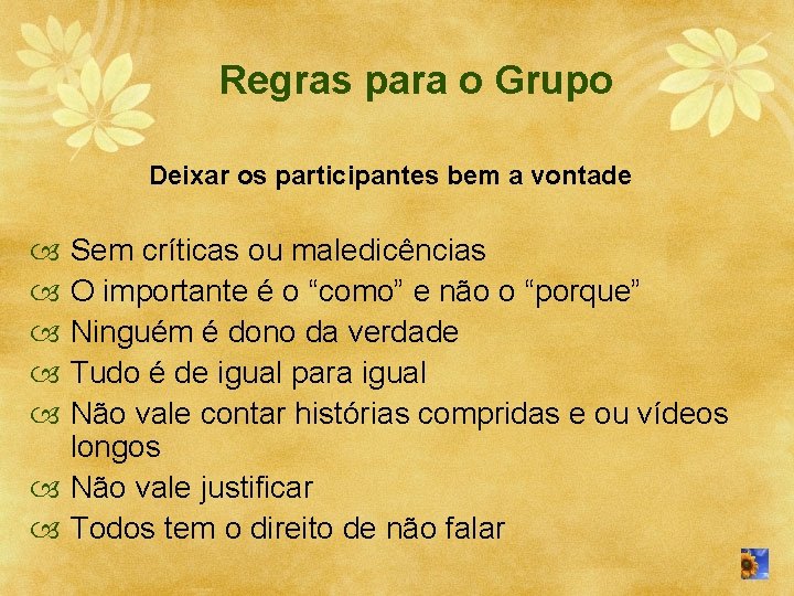 Regras para o Grupo Deixar os participantes bem a vontade Sem críticas ou maledicências