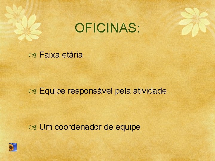 OFICINAS: Faixa etária Equipe responsável pela atividade Um coordenador de equipe 