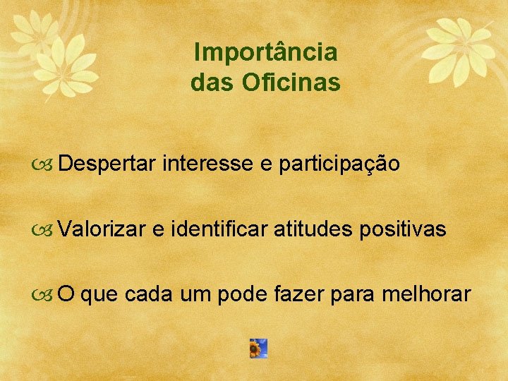 Importância das Oficinas Despertar interesse e participação Valorizar e identificar atitudes positivas O que