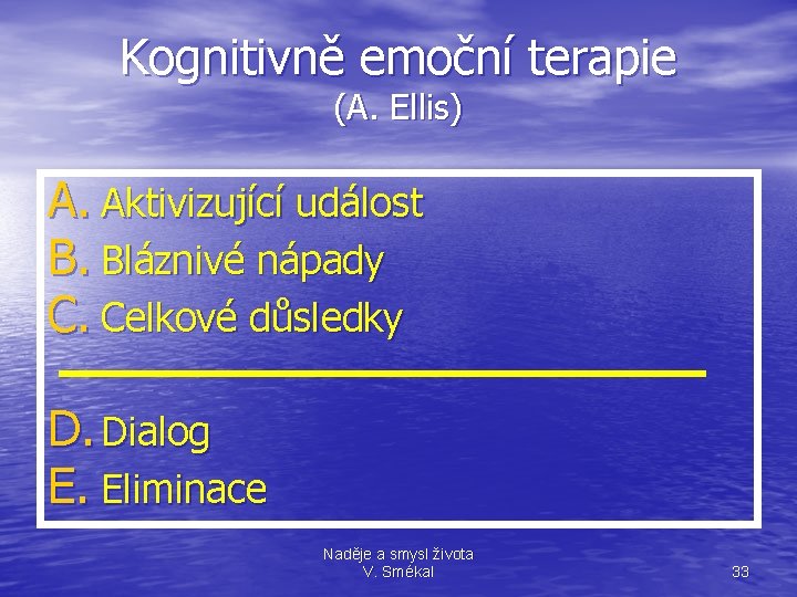 Kognitivně emoční terapie (A. Ellis) A. Aktivizující událost B. Bláznivé nápady C. Celkové důsledky