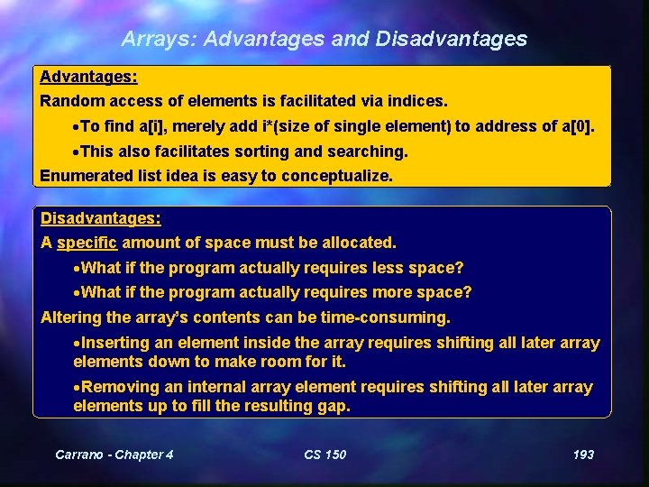 Arrays: Advantages and Disadvantages Advantages: Random access of elements is facilitated via indices. ·To
