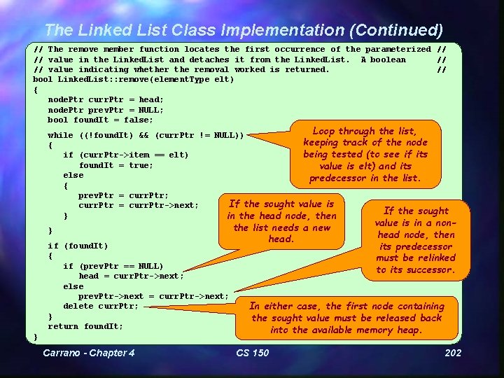 The Linked List Class Implementation (Continued) // The remove member function locates the first