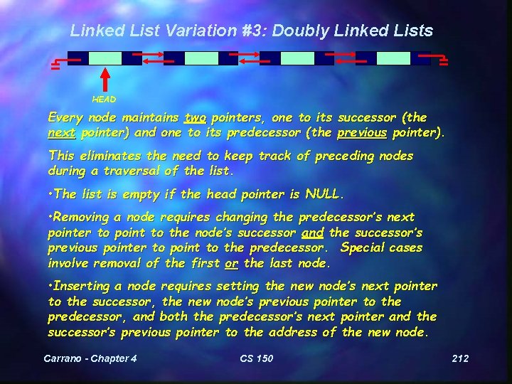 Linked List Variation #3: Doubly Linked Lists HEAD Every node maintains two pointers, one