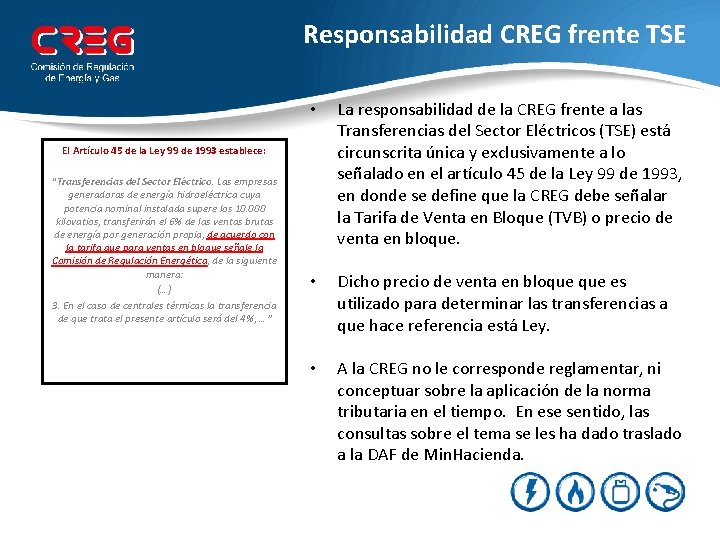 Responsabilidad CREG frente TSE • La responsabilidad de la CREG frente a las Transferencias Responsabilidad CREG frente TSE • La responsabilidad de la CREG frente a las Transferencias