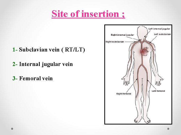 Site of insertion ; 1 - Subclavian vein ( RT/LT) 2 - Internal jugular