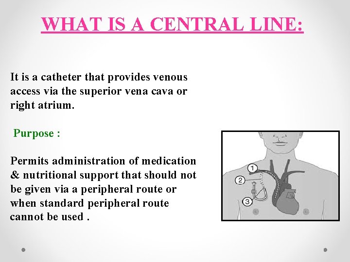 WHAT IS A CENTRAL LINE: It is a catheter that provides venous access via