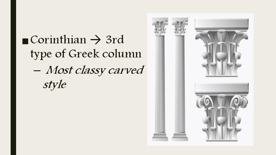 ■ Corinthian 3 rd type of Greek column – Most classy carved style 
