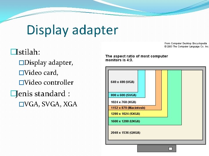 Display adapter �Istilah: �Display adapter, �Video card, �Video controller �Jenis standard : �VGA, SVGA,