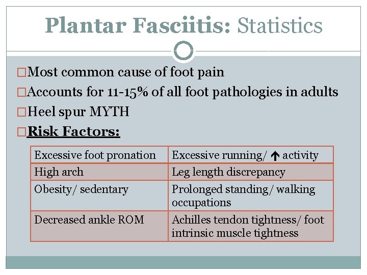 Plantar Fasciitis: Statistics �Most common cause of foot pain �Accounts for 11 -15% of