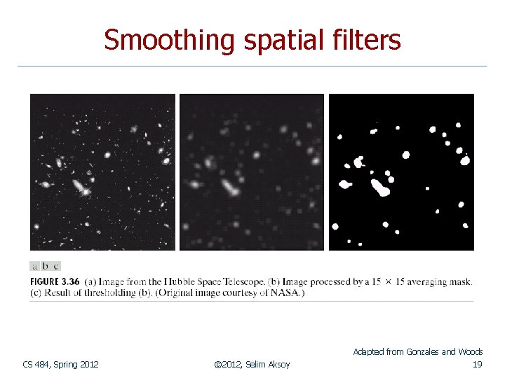 Smoothing spatial filters Adapted from Gonzales and Woods CS 484, Spring 2012 © 2012,