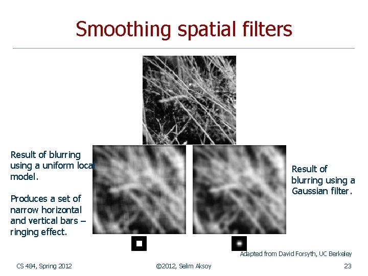 Smoothing spatial filters Result of blurring using a uniform local model. Result of blurring