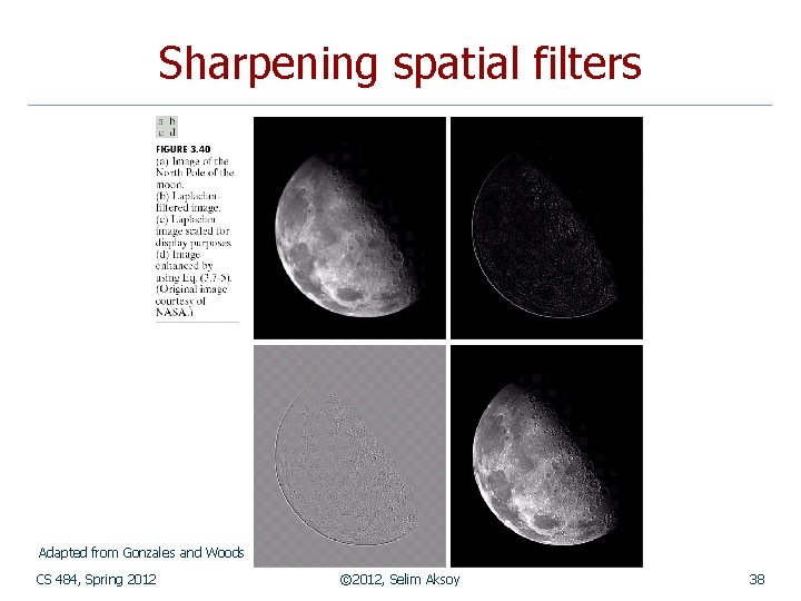 Sharpening spatial filters Adapted from Gonzales and Woods CS 484, Spring 2012 © 2012,