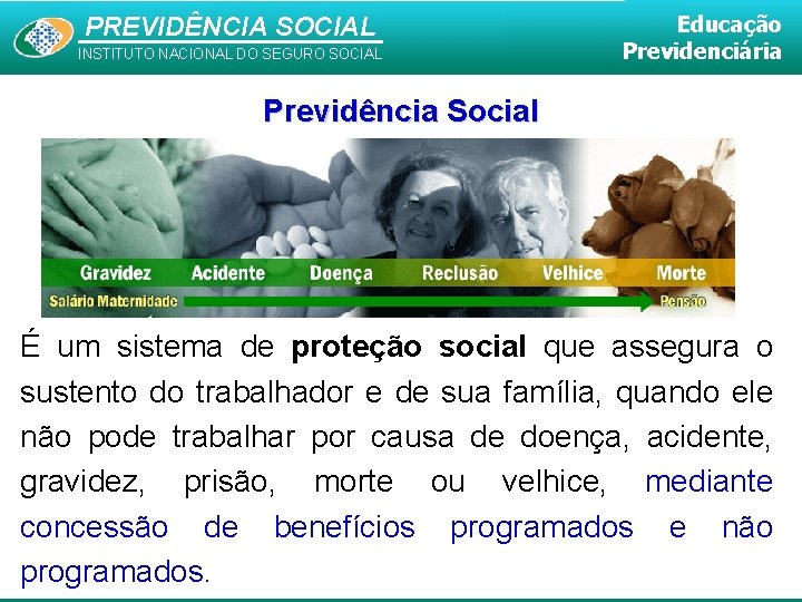 PREVIDÊNCIA SOCIAL INSTITUTO NACIONAL DO SEGURO SOCIAL Educação Previdenciária Previdência Social É um sistema