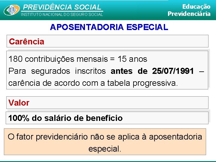 PREVIDÊNCIA SOCIAL INSTITUTO NACIONAL DO SEGURO SOCIAL Educação Previdenciária APOSENTADORIA ESPECIAL Carência 180 contribuições