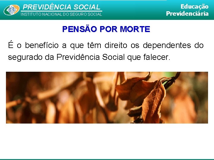 PREVIDÊNCIA SOCIAL INSTITUTO NACIONAL DO SEGURO SOCIAL Educação Previdenciária PENSÃO POR MORTE É o