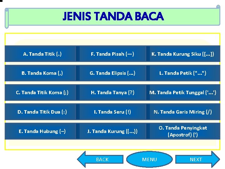JENIS TANDA BACA A. Tanda Titik (. ) F. Tanda Pisah (—) K. Tanda