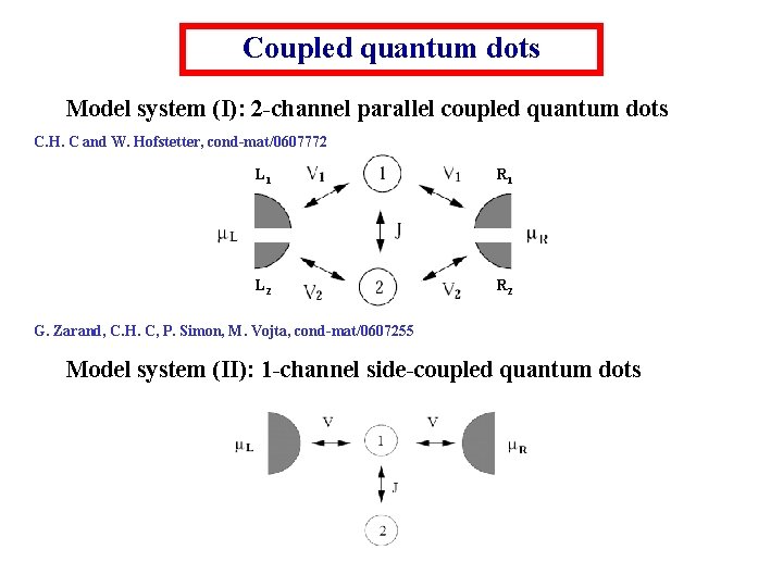 Coupled quantum dots Model system (I): 2 -channel parallel coupled quantum dots C. H.