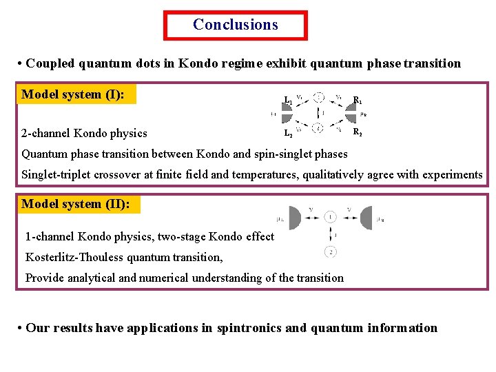 Conclusions • Coupled quantum dots in Kondo regime exhibit quantum phase transition Model system