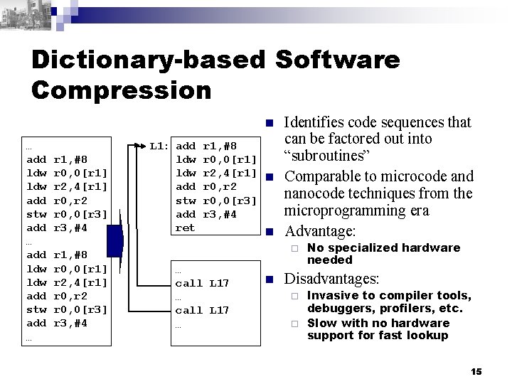 Dictionary-based Software Compression n … add ldw ldw add stw add … r 1,