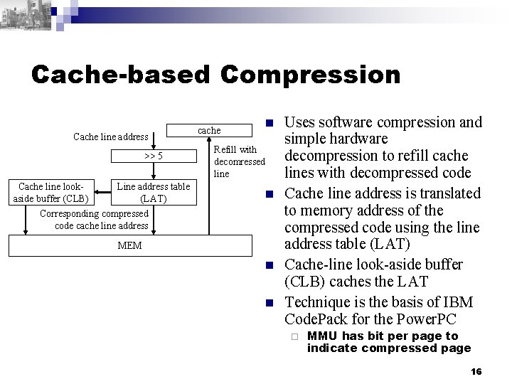 Cache-based Compression Cache line address >> 5 Cache line lookaside buffer (CLB) Line address